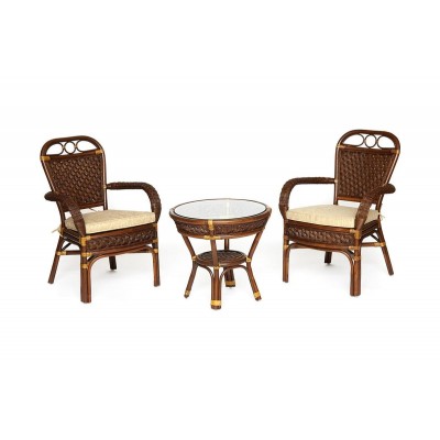 Комплект террасный Tetchair ANDREA (стол кофейный со стеклом + 2 кресла + подушки) ротанг, 64x67x92см / D60x55, Pecan Washed (античн. орех) 12994
