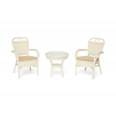 Комплект террасный Tetchair ANDREA (стол кофейный со стеклом + 2 кресла + подушки) ротанг, 64x67x92см / D60x55, TCH White (белый) 13337