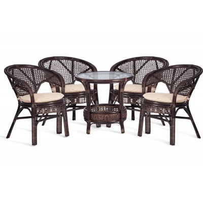 Комплект Tetchair 'PELANGI' 02/15 стол со стеклом + 4 кресла, с подушками, ротанг, кресло 65x65x77 см, стол 64x61 см, walnut (грецкий орех) 15198