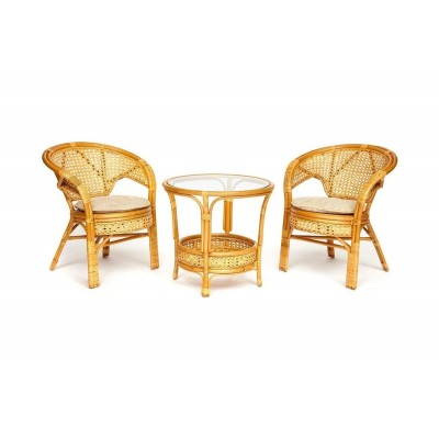 Террасный комплект Tetchair PELANGI стол со стеклом, 2 кресла, без подушек, ротанг 13345