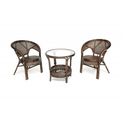 Террасный комплект Tetchair PELANGI стол со стеклом, 2 кресла, без подушек, ротанг 13344